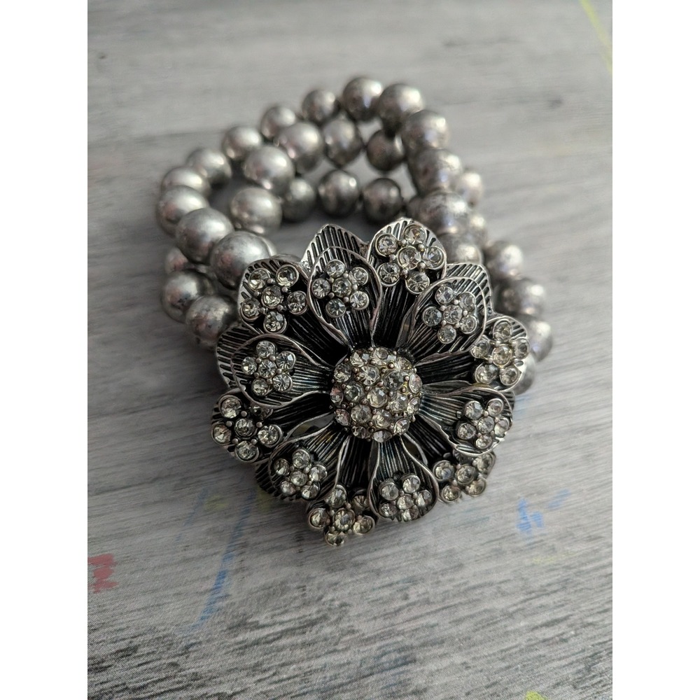 Vintage Silver Tone Triple Strand Beaded Flower Rhinestone Stretch Bracelet